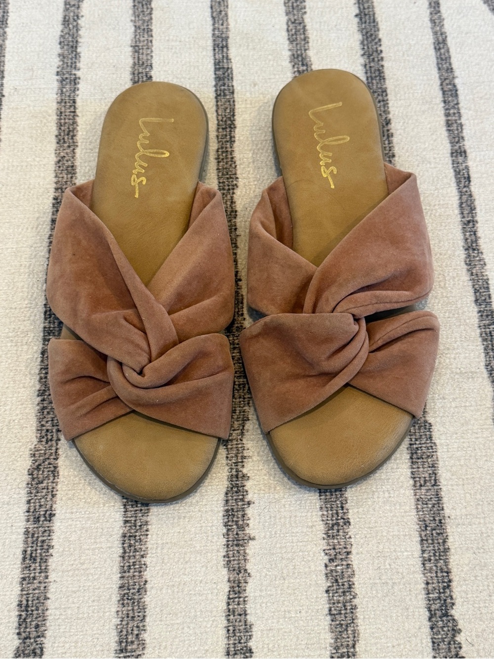 Lulu's Camel Suede Slide Sandals